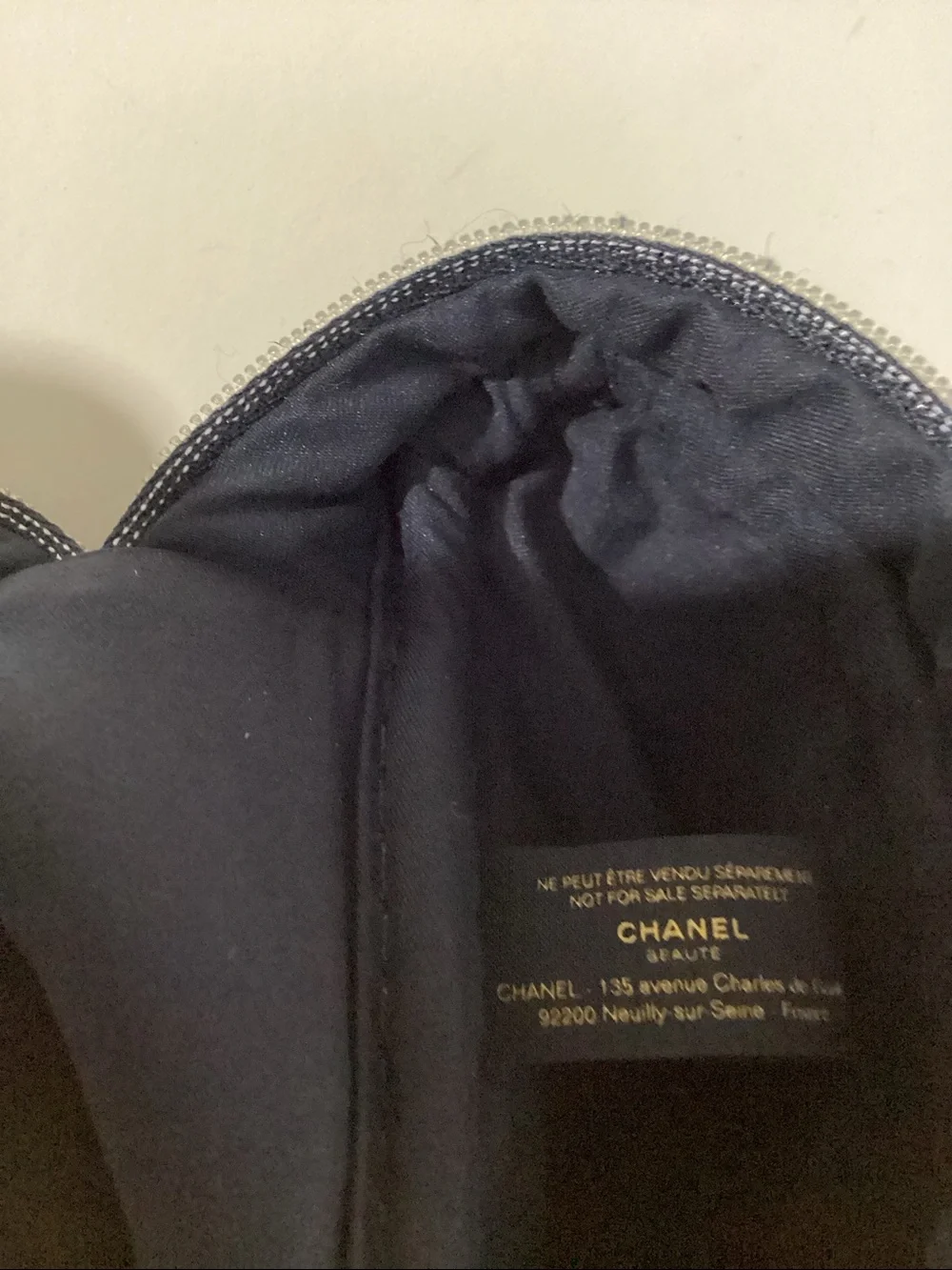 CHANEL Navy Blue Tweed Beaute cosmetic bag with Gold Logo